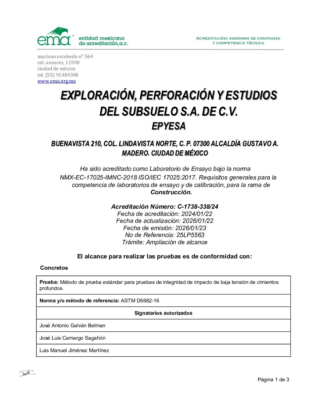 Acreditación C-1738-338/24, referencia 25LP5563, actualizada el 22 de enero de 2026. Primera página del documento de tres páginas.