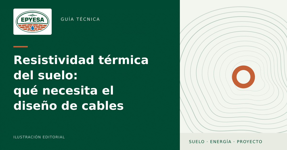 Portada editorial de EPYESA: Resistividad térmica del suelo, qué necesita el diseño de cables. Diseño abstracto verde y naranja, sin datos de ensayo.
