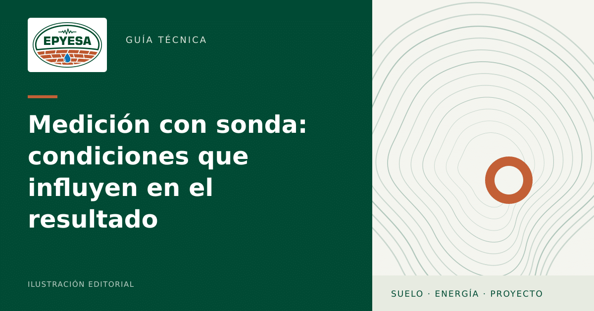 Portada editorial de EPYESA: Medición con sonda, condiciones que influyen en el resultado. Textura ornamental abstracta, sin representar mediciones reales.